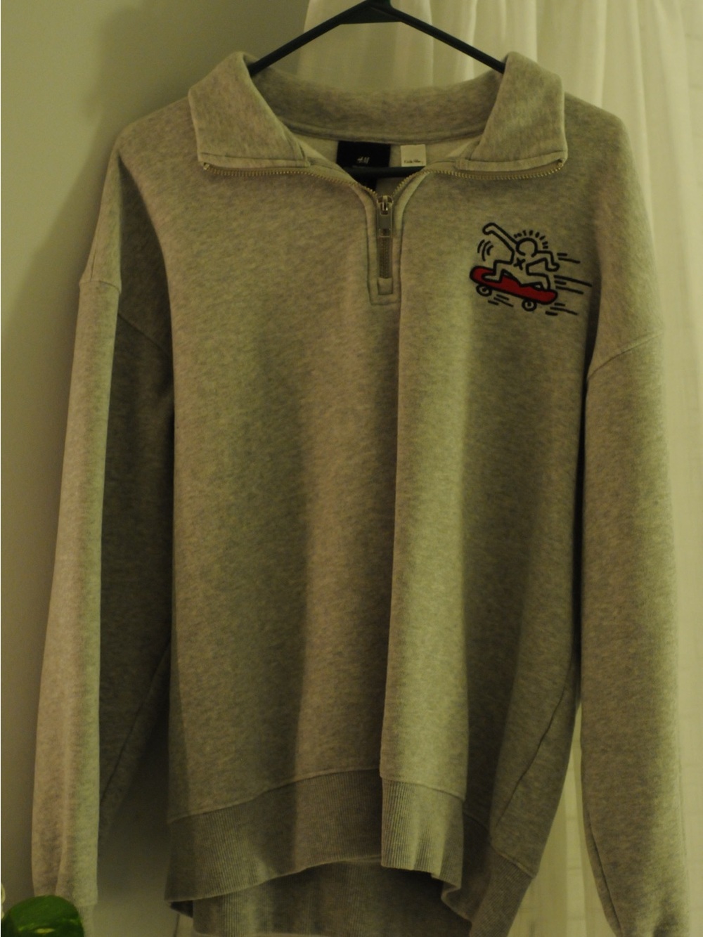 H&M Light Gray Quarter-Zip Sweatshirt with Skate Graphic